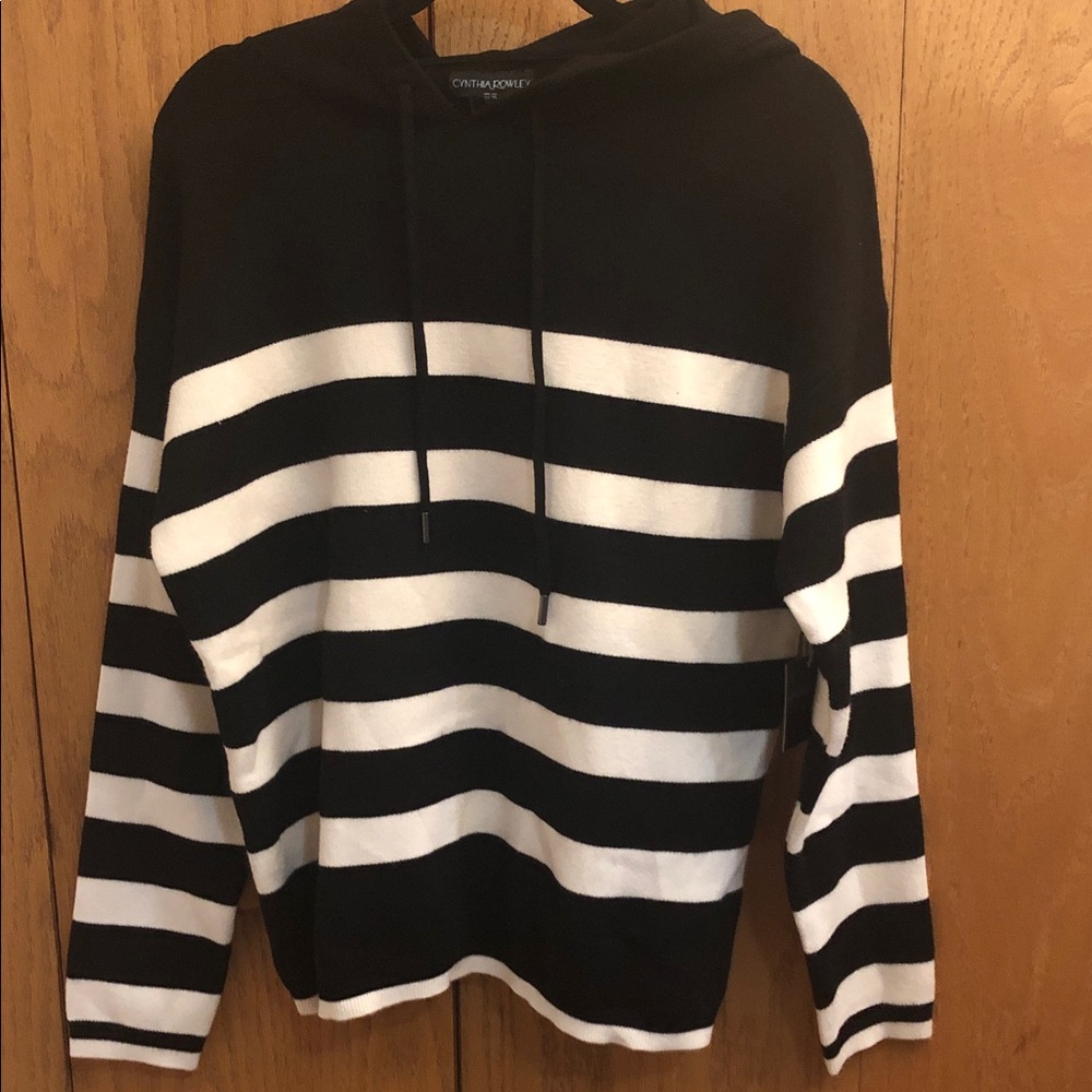 Cynthia Rowley Black and White Striped Hoodie Sweatshirt Size XL